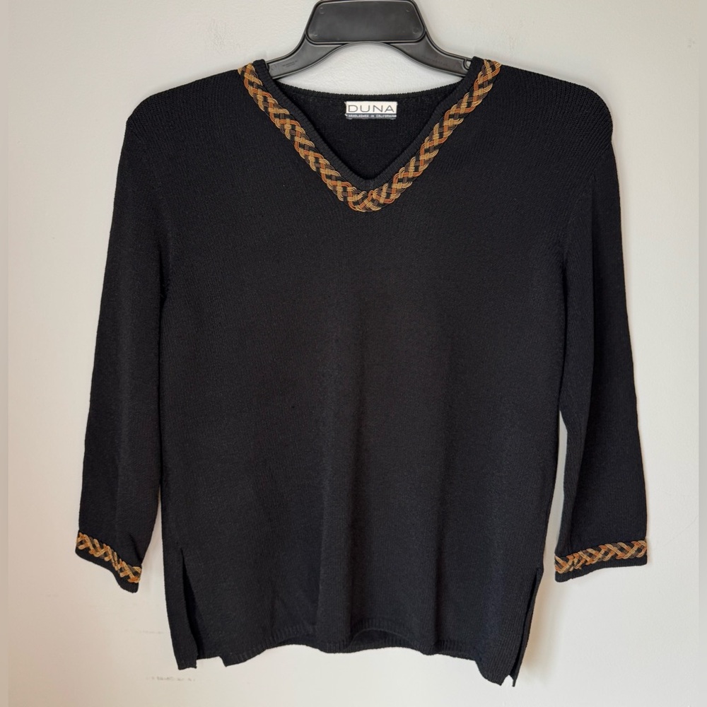 Vintage DUNA Handloomed Black Viscose Sweater With Elite Braided Fabric Sz L
